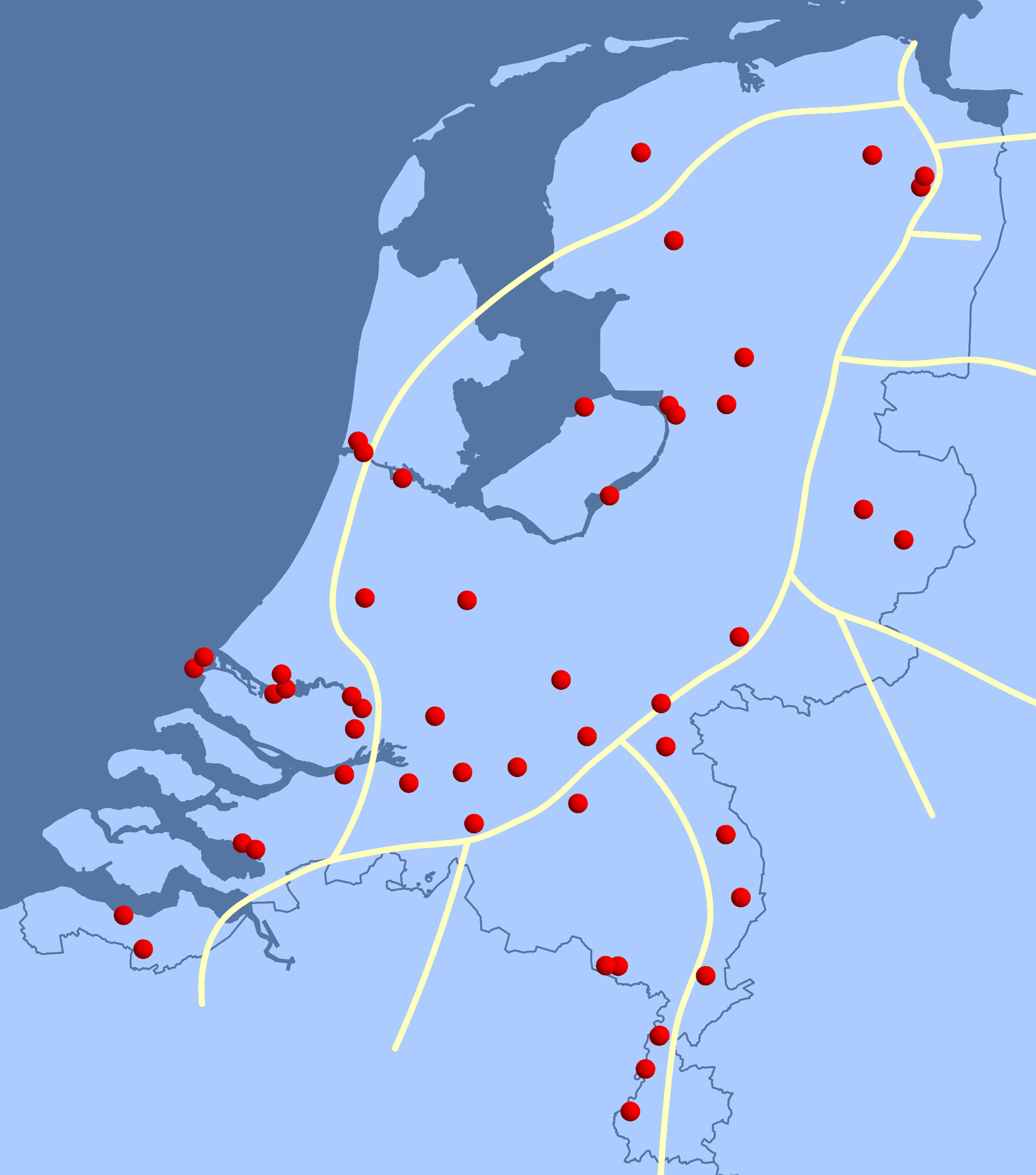 Overzicht H2-backbone en multimodale knooppunten in Nederland